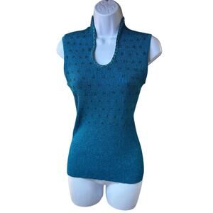 Vintage Cache Metallic Knit Sleeveless Top Teal Blue Sparkle Clubwear Y2K Tank L